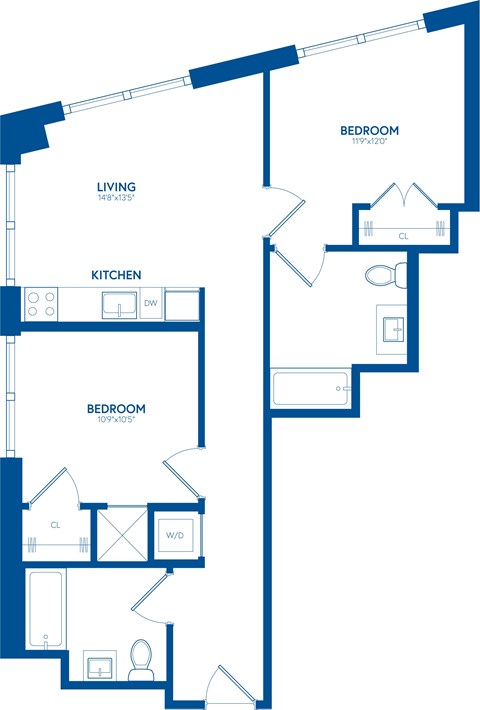 Floor plan for 2 beds, 2 baths, 856 sqft